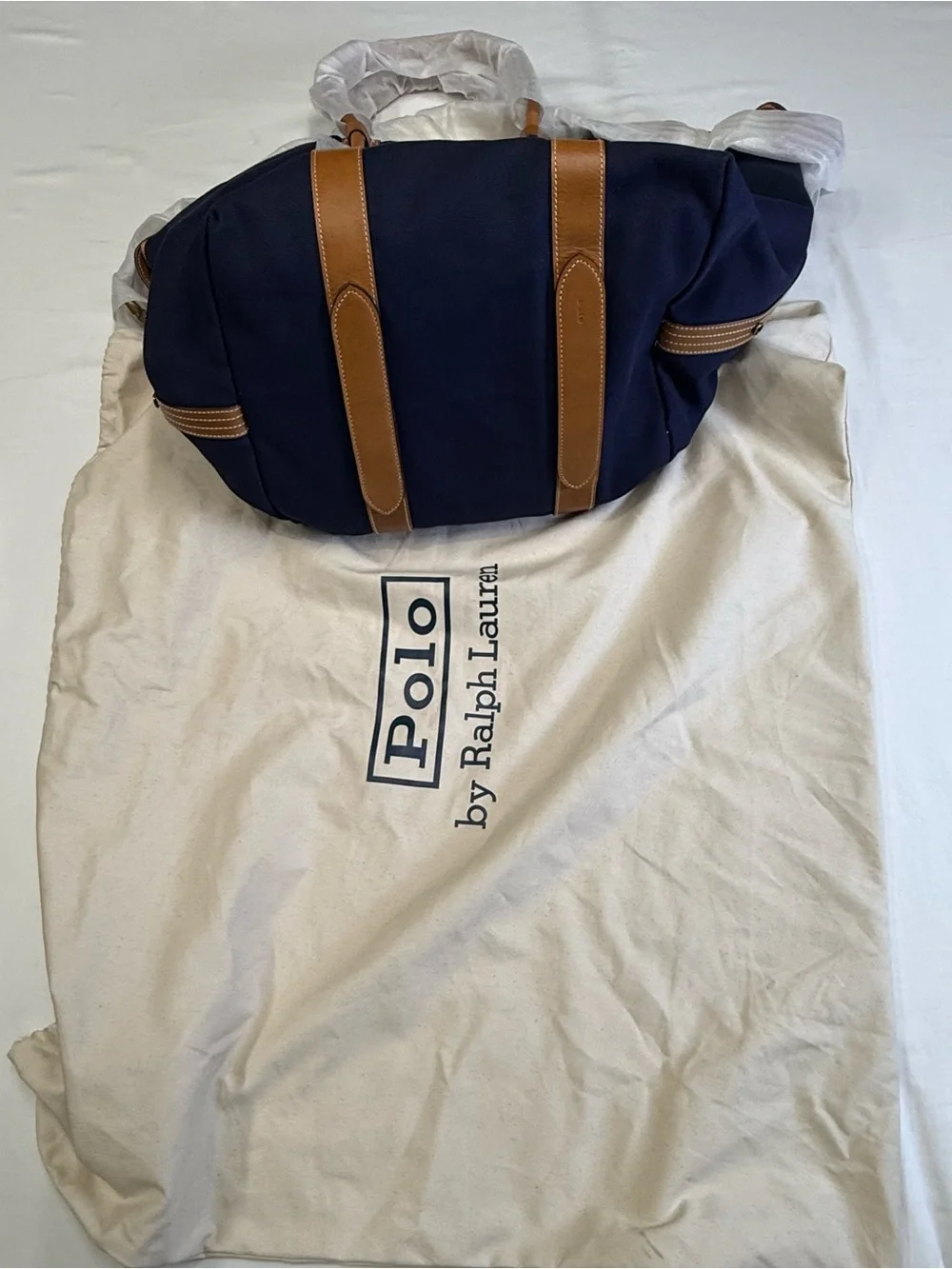 Ralph Lauren Navy Canvas Travel Tote with Tan Leather Trim and Red Polo